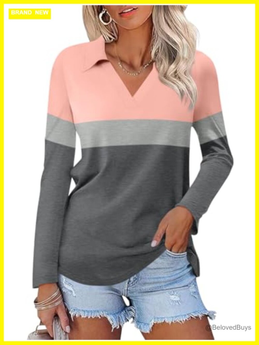 Women's Long Sleeve V Neck Tunic Top Collar Polo Shirt Loose Casual